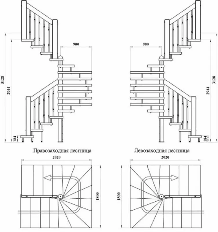 Лестница с забежными ступенями с поворотом на 90 из металла