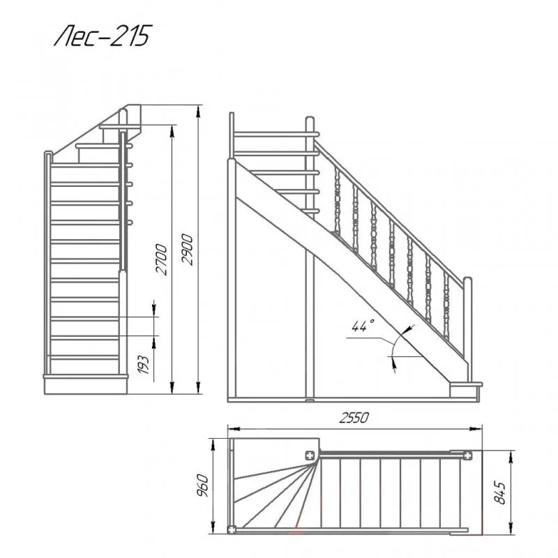 Деревянная межэтажная лестница лес-08 (поворот 90°)