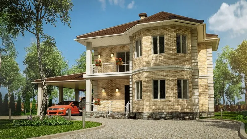 Двухэтажный дом с террасой на участке