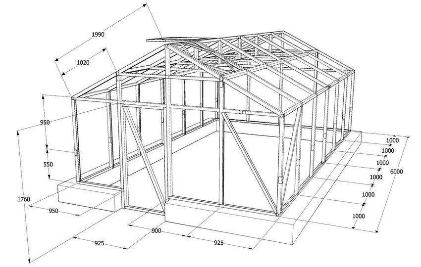 Чертеж теплицы с каркасом из профильной трубы и двускатной крышей