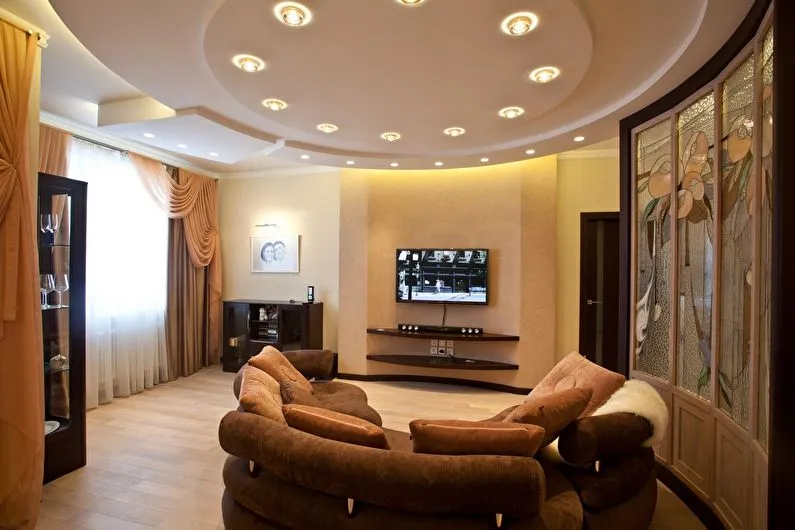 Дизайн потолка из гипсокартона в гостиной