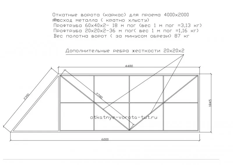 Чертёж откатных ворот проём 5м
