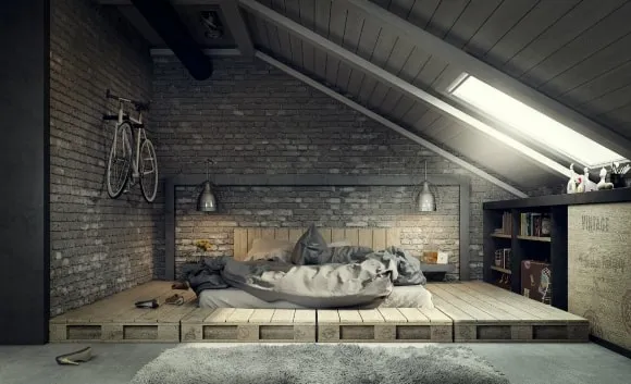 Спальня в стиле лофт на мансарде
