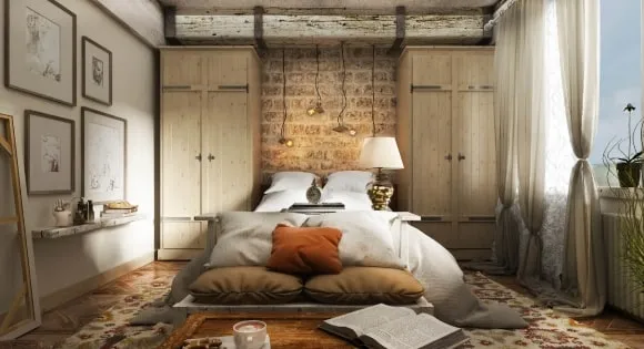 Спальня в стиле лофт с красивым шкафом