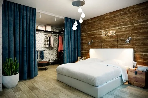 Лофт-спальня с красивыми шторами