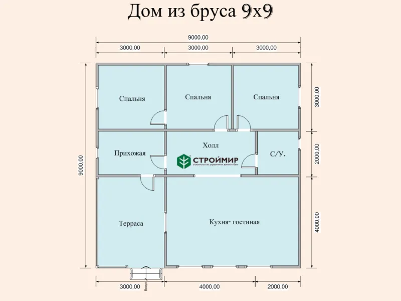 Проект дома из бруса 9х9 одноэтажный