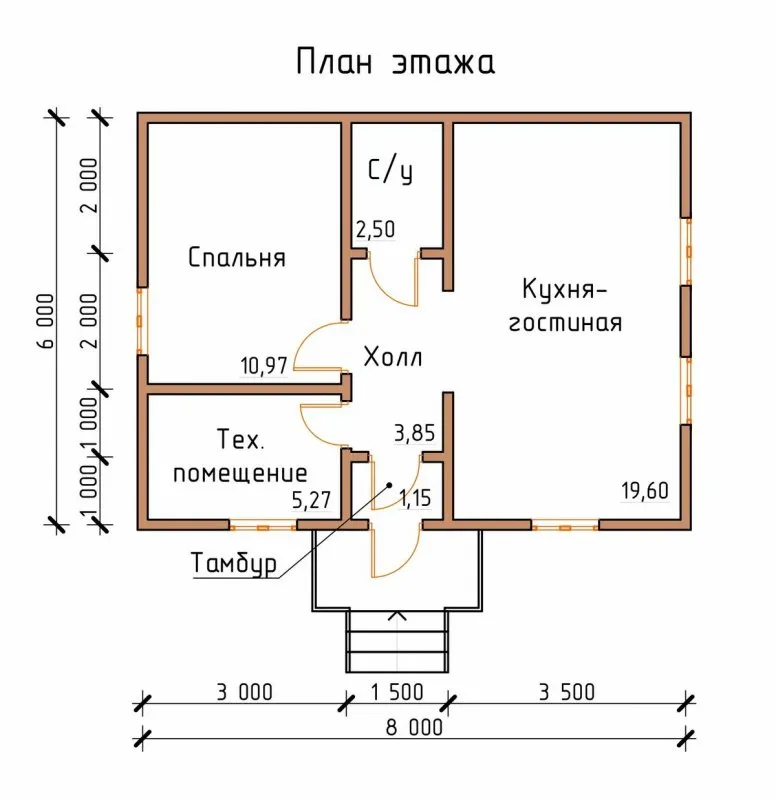 Планировка дома 6 на 8 одноэтажный из бруса с печкой