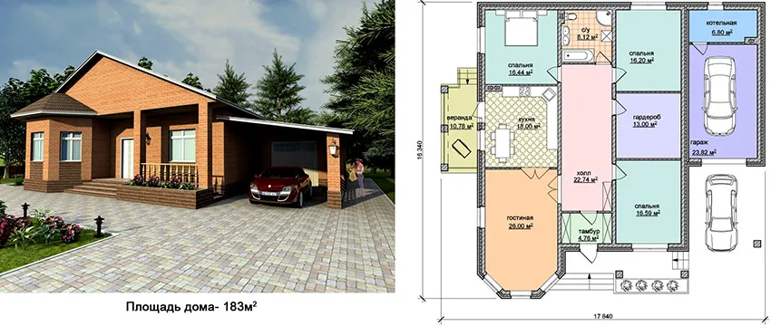 Проект одноэтажного прямоугольного дома площадью 183 м² с гаражом