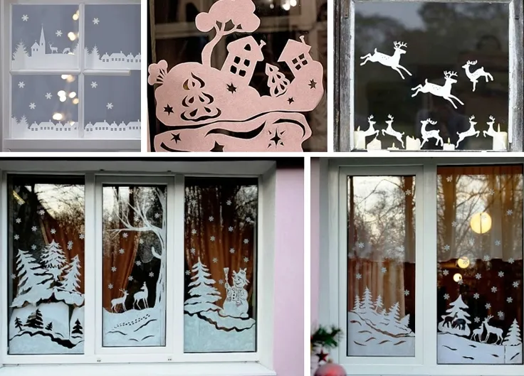 Идеи оформления окна с помощью трафаретов на новый год, пример 9
