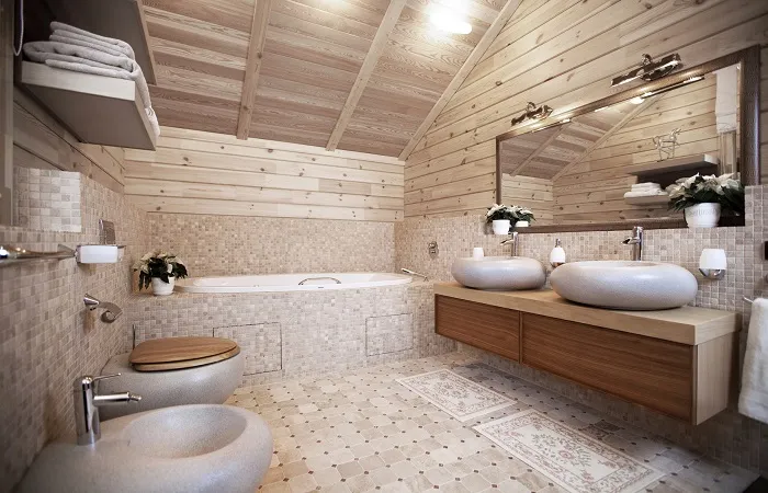 Дизайн ванной комнаты в частном доме_дерево