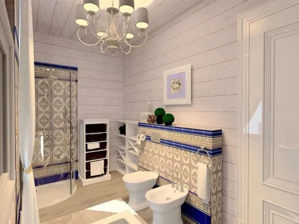 плитка в белой ванной деревянного дома