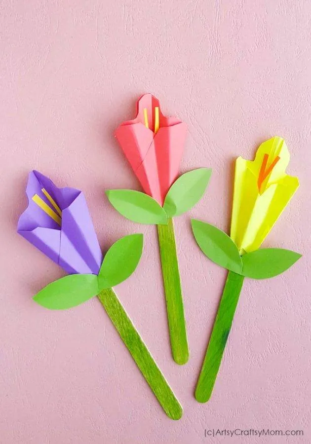 цветы с детьми из бумаги на палочке