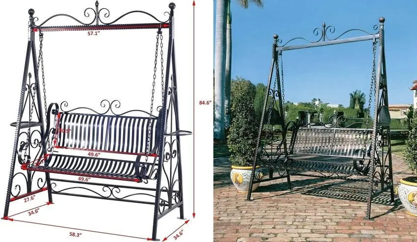 Схема с монтажными размерами садовых кованых качелей (1 дюйм = 2,54 см)