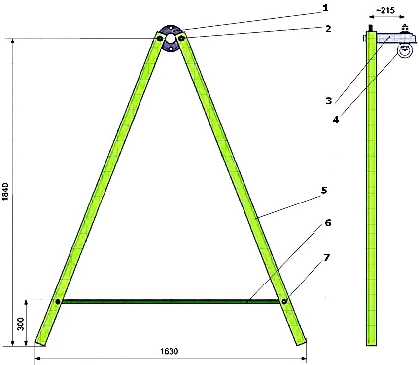 Схема устройства каркаса качелей из металла со стойками А-образной формы: 1 - фланец; 2 - гайка; 3 - перекладина; 4 - рым-гайка; 5 - стойка рамы-опоры; 6 - стяжка рамы; 7 - болт