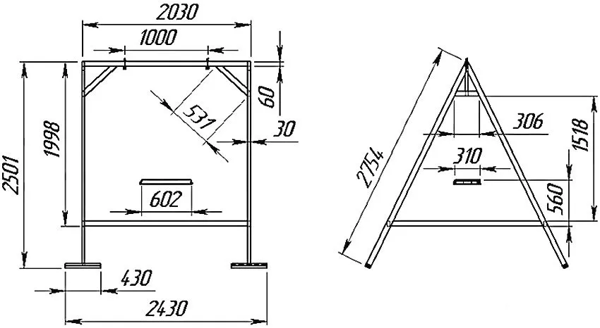 Схема устройства каркаса с размерами для садовых качелей из металла