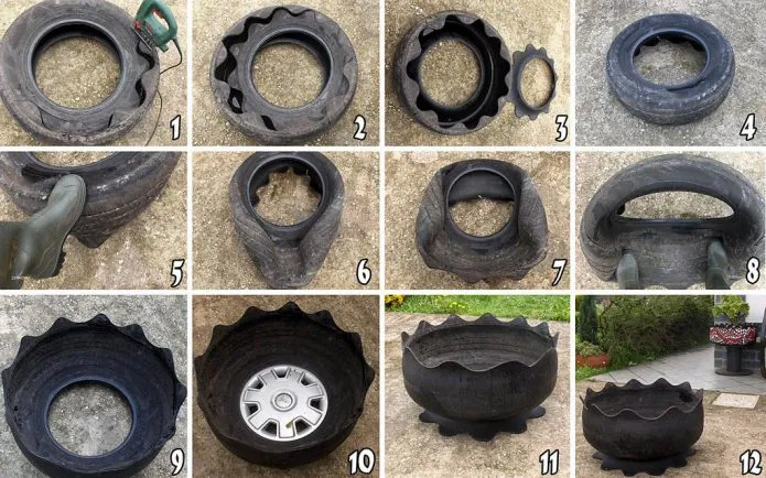 Пошаговый процесс изготовления вазона из автомобильной покрышки