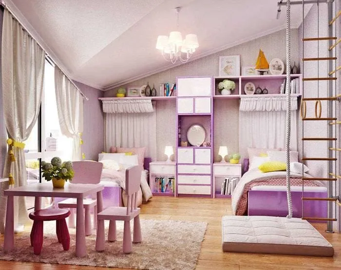 идея необычного дизайна детской комнаты для двоих девочек