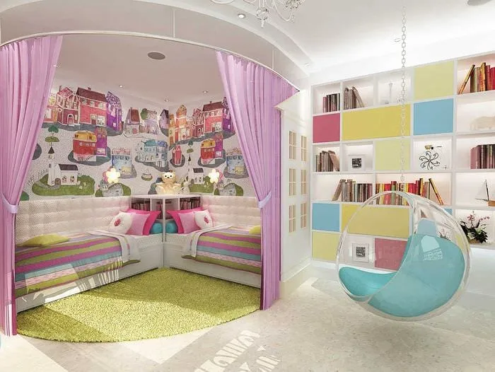 идея красивого стиля детской комнаты для двоих девочек