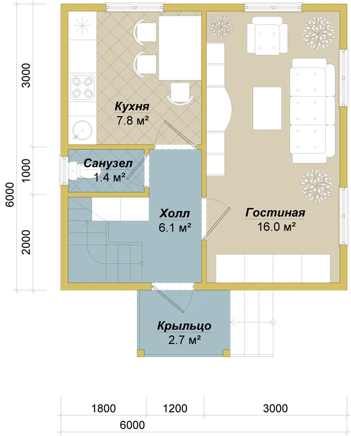 План дома с мансардой - 1 этаж