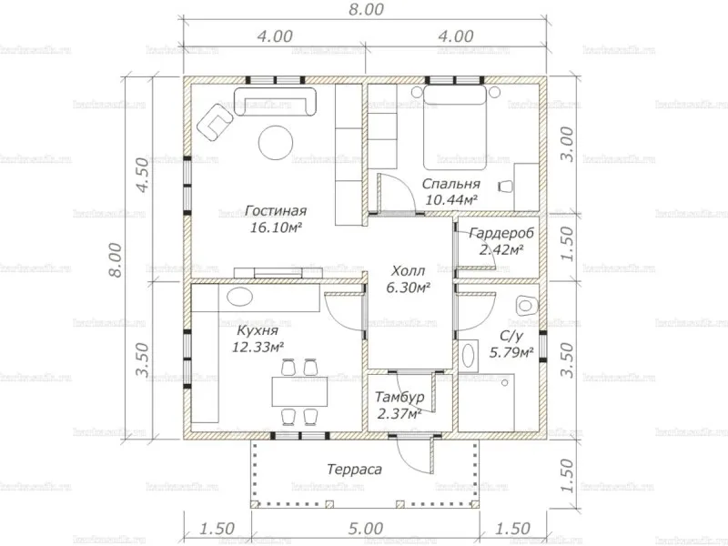 Планировка каркасного дома 8х8 одноэтажный