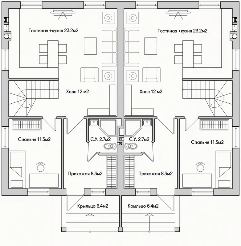Планировки домов двухэтажных на 2 семьи