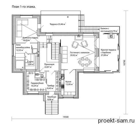план 1 этажа двухэтажного коттеджа