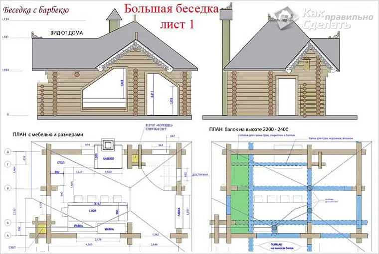 Проект большой беседки из бревна