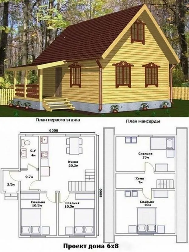 дачный дом 6х8 с мансардой проект