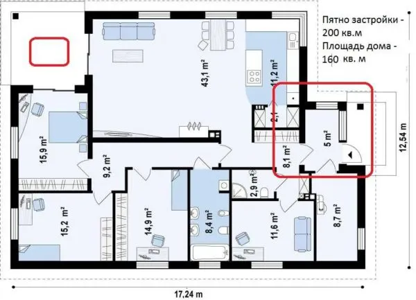 Одноэтажный дом площадью 160 кв. м, с тремя спальнями и кабинетом, котельной и небольшой угловой верандой