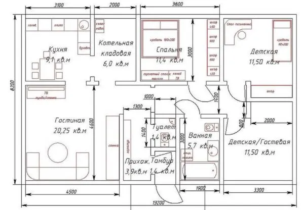 Пример планировки одноэтажного дома с тремя спальнями на 110 квадратных метров 