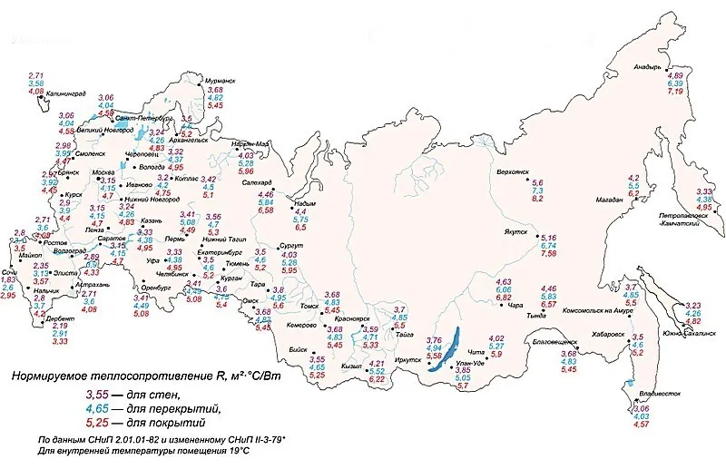 Карта-схема для определения значения нормированного термического сопротивления строительных конструкций для своего региона.