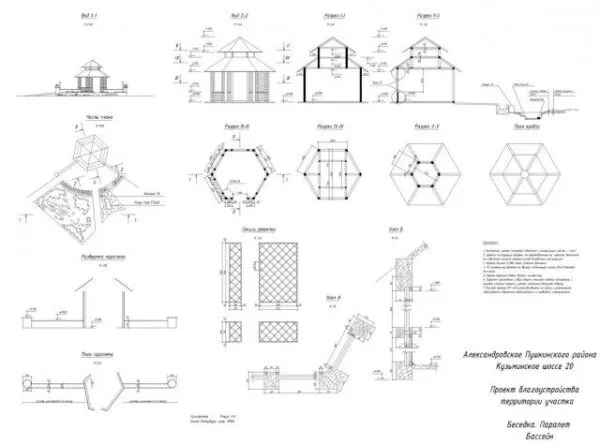 Чертеж дачной беседки со всех ракурсов