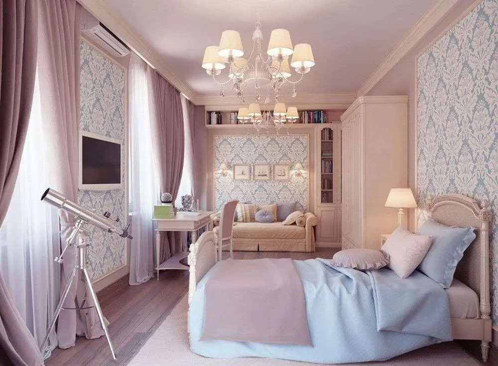 Романтический стиль интерьера спальни в розовом цвете 