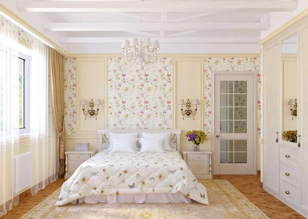 Стиль кантри в интерьере спальни с использованием цветочных мотивов 